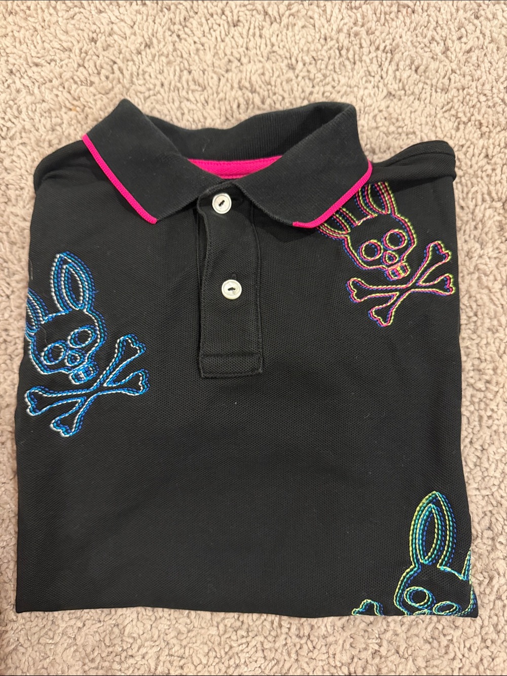 Kids Black Polo Top with Neon Bunny Skull Embroidery